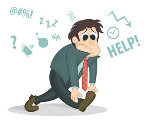 Overworked and tired businessman or office worker walking with a sad face. Business stress. Cartoon style vector illustration. Concept of disappointed man, low energy, fail in business.