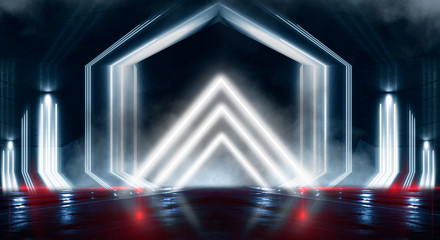 Abstract black tunnel with a light pyramid, neon triangle, smoke, wet asphalt, night view.
