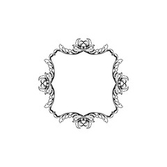 Floral vintage decorative vector frame. Flower black ink Square filigree border with text space. Isolated calligraphic frame with copyspace. Invitation, greeting card, poster flourish design element