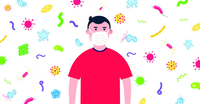 Sad kid boy with protection mask with bacterias and microbs behind him flat style design vector illustration isolated on white background. Flu and season diseases protection concept. Be healthy!