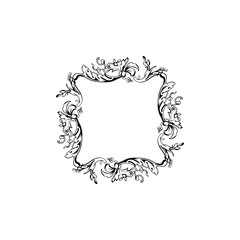 Floral vintage decorative vector frame. Flower black ink Square filigree border with text space. Isolated calligraphic frame with copyspace. Invitation, greeting card, poster flourish design element