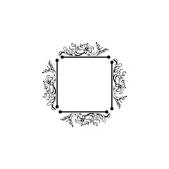 Floral vintage decorative vector frame. Flower black ink Square filigree border with text space. Isolated calligraphic frame with copyspace. Invitation, greeting card, poster flourish design element