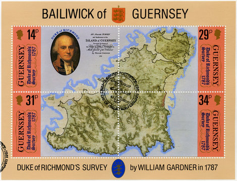 GUERNSEY - 1987: Shows Map Of Island Guernsey, Duke Of Richmond Survey By William Gardner In 1787