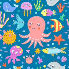 Ocean and sea creatures seamless vector pattern. Funny background for children with underwater animals and fishes