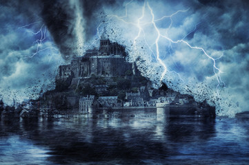 Mont saint michel during the heavy storm, rain and lighting in France. Creative picture.