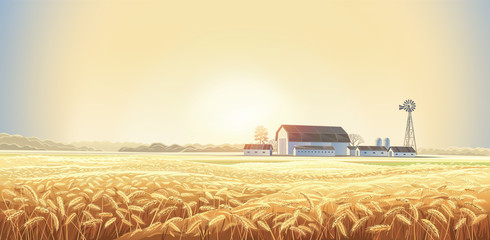 Autumn rural landscape with wheat field on the foreground and farm, on the back plan. © Rustic
