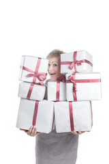 closeup.beautiful woman with gift boxes.isolated on a white