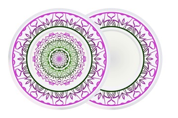 Mandala floral ornament for Decorative plates interior design. Empty dish, porcelain plate mock up design. Vector illustration. Home decor background. Purple, geen color