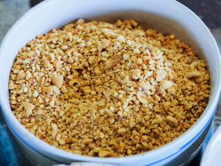 Garnish noodles seasoning Thai style on wood table- sugar, dried.