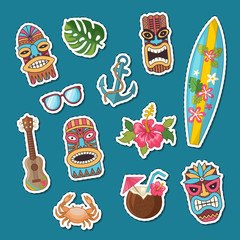 Vector colored cartoon summer travel elements stickers of set illustration