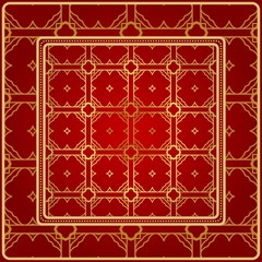 Background, Geometric Pattern With Ornate Lace Frame. Illustration. For Scarf Print, Fabric, Covers, Scrapbooking, Bandana, Pareo, Shawl. Red golden color