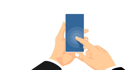 isolated hand hold and operate smart phone close up flat style illustration