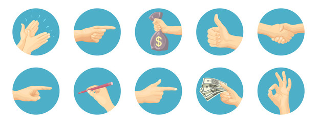 Set of icon hands in different gestures emotions and signs in flat style. Vector illustration.