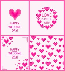 Set of Wedding greeting design with hot pink digital hearts