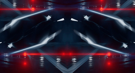 Background wall with neon lines and rays. Background dark corridor with neon light. Abstract background with lines and glow. Light element in the center, a triangle, a pyramid with neon.