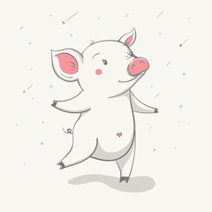 Lovely cute cheerful piggy runs with the small heart on the belly. Card with cartoon animal.