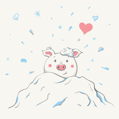 Lovely cute cheerful piggy is sitting in a snowdrift covered in snow. Valentine card with symbol of the year - a pig.