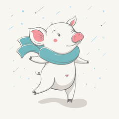 Lovely cute cheerful piggy runs in a scarf. Card with cartoon animal.