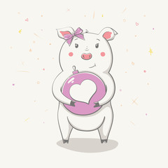 Obraz na płótnie Canvas Lovely cute cheerful piggy with Сhristmas ball with heart. Big Valentine. Card with cartoon animal.