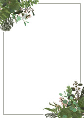 Decorative golden rectangular frame with eucalyptus, fern and boxwood branches isolated on white. For wedding invitations, vignettes, postcards, brunia, posters, documents. Vertical - obrazy, fototapety, plakaty
