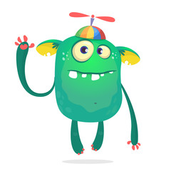Funny monster kid wearing hat with propeller. Vecto illustration