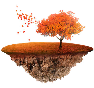 a fantasy autumn landscape with floating island with tree and grass
