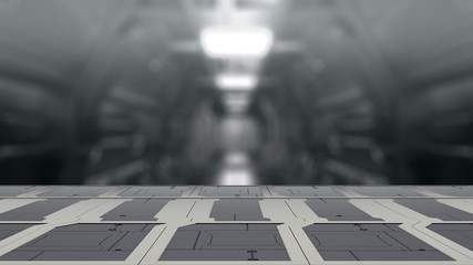 Closeup top sci-fi table with futuristic spaceship blur Background 3d illustration