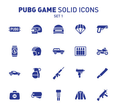 PUBG game glyph icons. Vector illustration of combat facilities. Solid design. Set 1 of icons