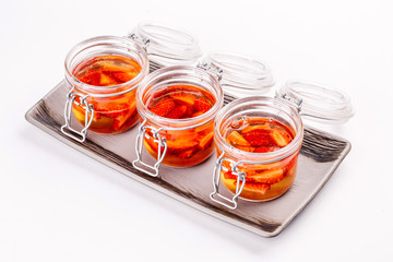 Jam strawberry pot on white background