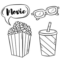 Contour illustration with popcorn, 3D-glasses and soda. Postcard or logo idea. 