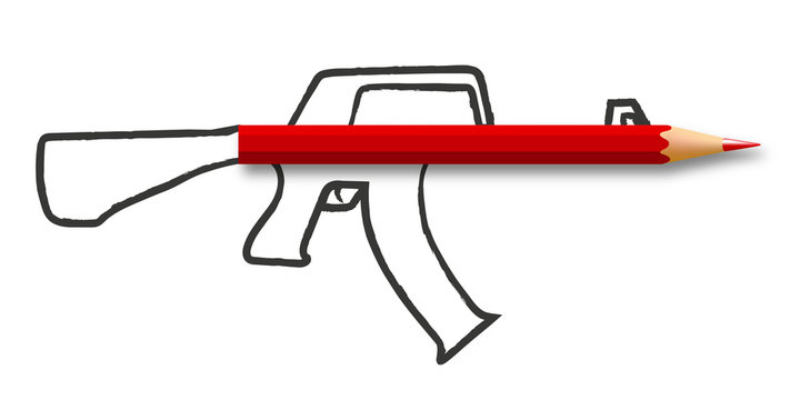 Concept de la liberté de la presse et de l’information avec un crayon qui forme le canon d’un fusil, dessiné sur un fond blanc