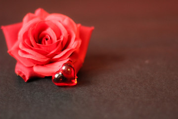 Red rose, glass heart, gray background, selective focus, free copy space