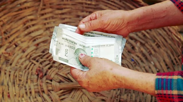 Close up of Poor elderly Indian/Asian woman counting five hundred paper Indian money rupees over her empty vegetable basket. concept of making money in Agriculture
