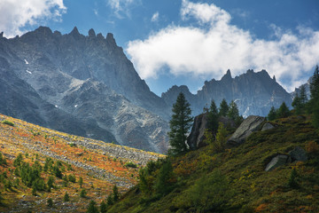 Landscape of the Alpine Mountains on the route of the Mont Blanc Tour from the Italian side.