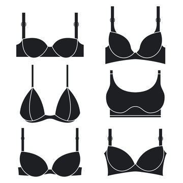Brassieres of different types. Female bras vector black silhouettes icons set isolated on white background.
