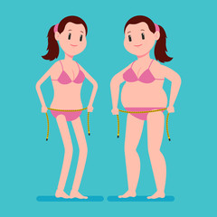 Fat and thin girl in a swimsuit with measuring tape. Vector cartoon woman character isolated on background. Weight loss concept illustration.