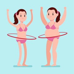 Fat and thin girl in a swimsuit doing fitness exersises with hula hoop. Vector cartoon woman character isolated on background. Weight loss concept illustration.