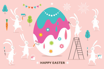 Easter scene, cute bunnies paint a big Easter Egg
