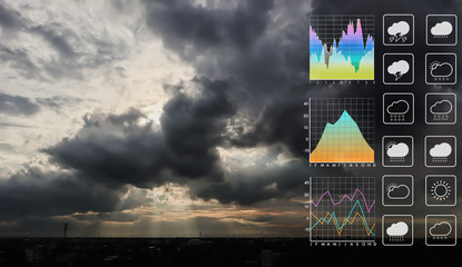 Weather forecast symbol data presentation with graph and chart on tropical storm cloud  with sunlight ray and evening sunset cloud background......................Image of sun furnished by NASA. - obrazy, fototapety, plakaty