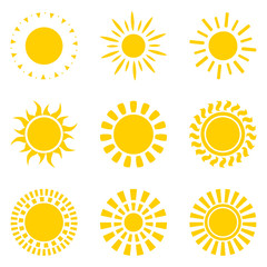 Set of yellow sun icon symbols isolated on white