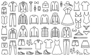 Poster Woman and man clothes and accessories collection - fashion wardrobe - vector icon outline illustration © Hein Nouwens