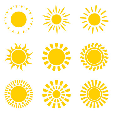 Set of yellow sun icon symbols isolated on white