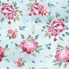Watercolor seamless pattern of peony and blosom flowers on blue background.