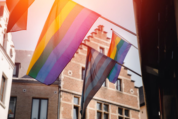 LGBT gay flag color develops on buildings in Europe Belgium