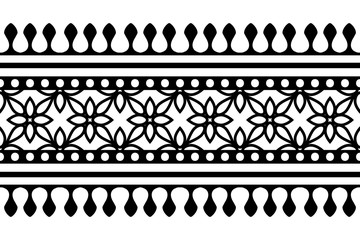 Woodblock printed seamless ethnic floral border. Traditional oriental ornament of India Kashmir, geometric flowers motif, black on white background. Textile design.