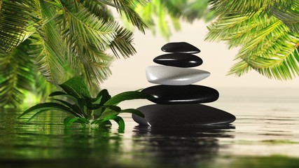 Obraz na płótnie Canvas Pyramid of stones on the water, spa stones, meditation on stones