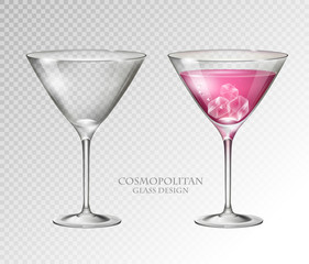 Realistic cocktail cosmopolitan vector illustration on transparent background. Full and empty glass