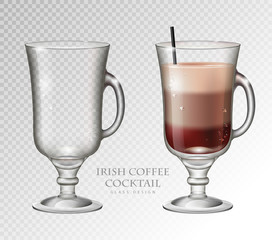 Realistic cocktail irish coffee vector illustration on transparent background. Full and empty glass