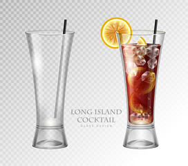 Realistic cocktail long island ice tea vector illustration on transparent background. Full and empty glass