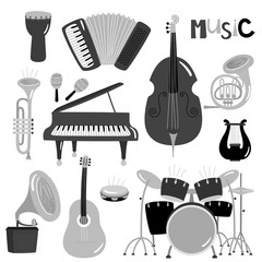 Obraz premium Monochrome vector music instruments of collection isolated. Musical piano and trumpet, guitar and drum illustration